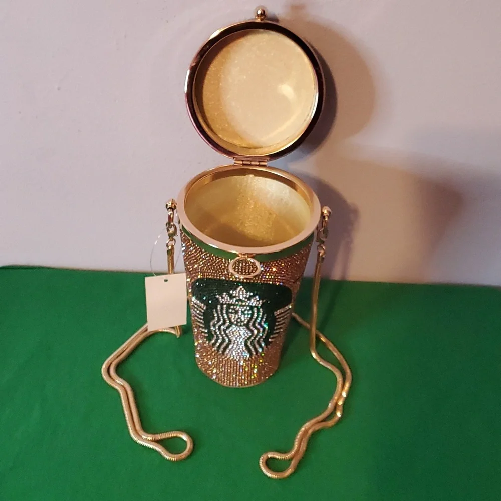 Gold / Green Coffee Cup Purse With Rhinestones - Picture 5 of 5